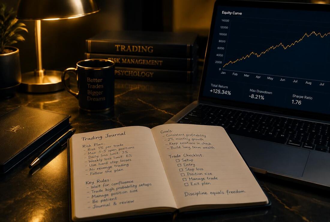 Trading journal with a written risk plan beside a laptop showing a steady equity curve
