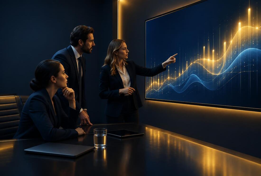 Three specialists reviewing a performance chart on a large screen