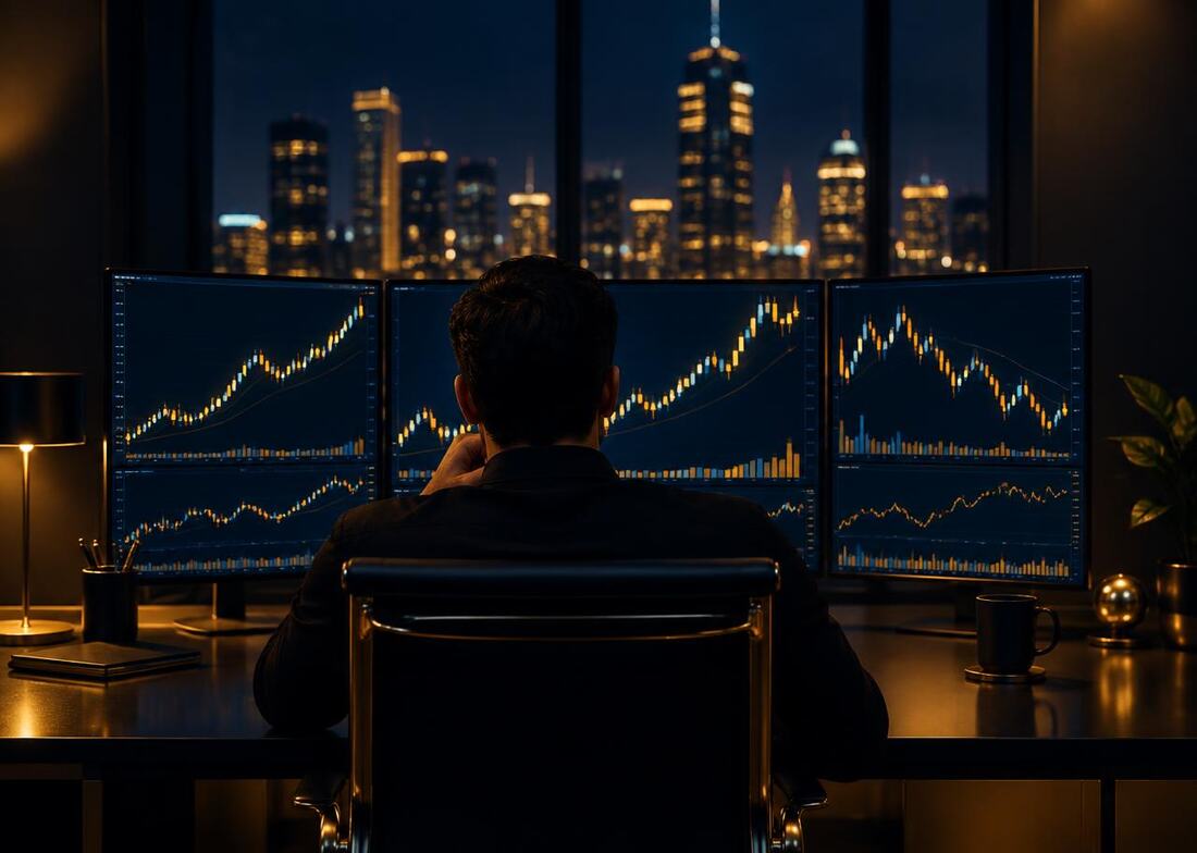 Trader working a multi screen setup during the evening session