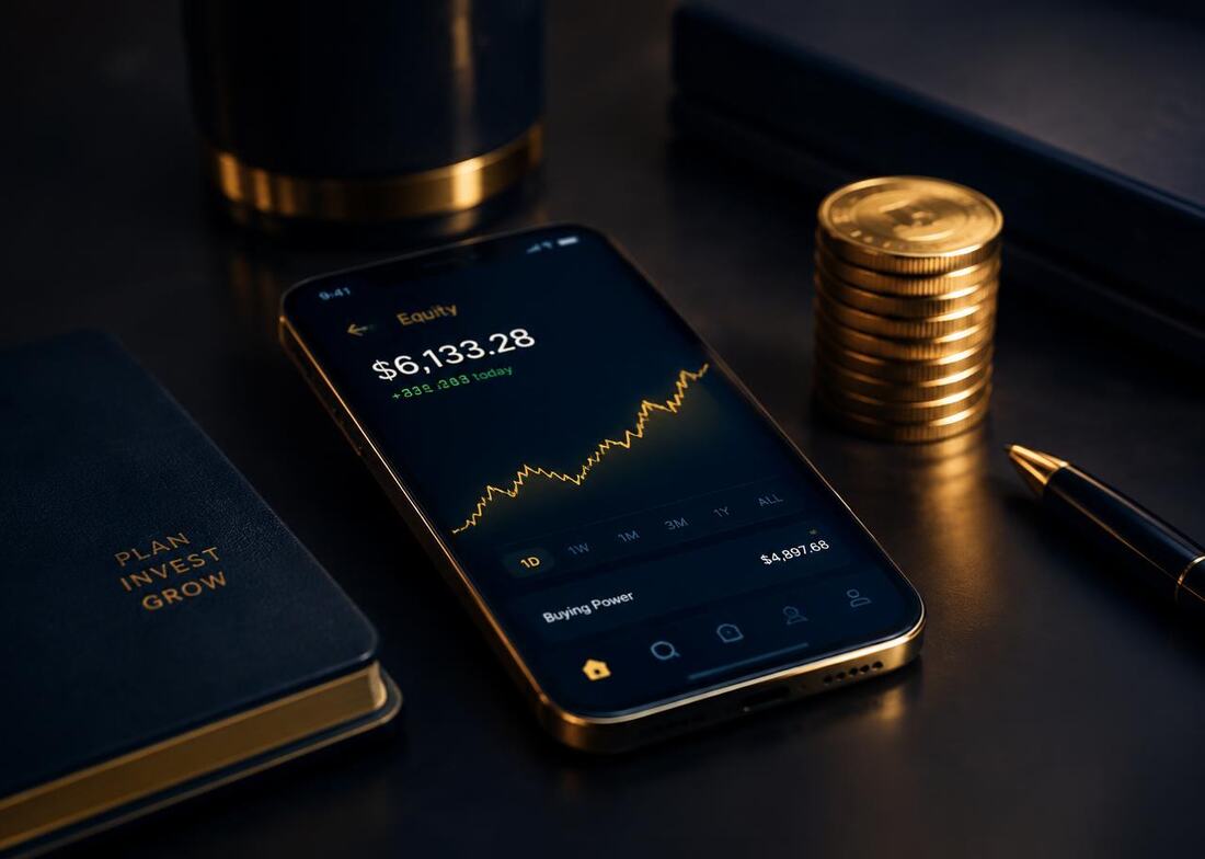 Mobile account view with a rising equity curve beside gold coins
