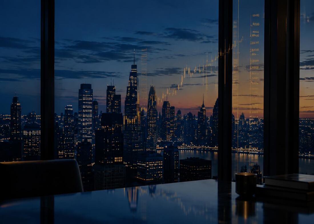 City skyline at dusk seen from a trading office window